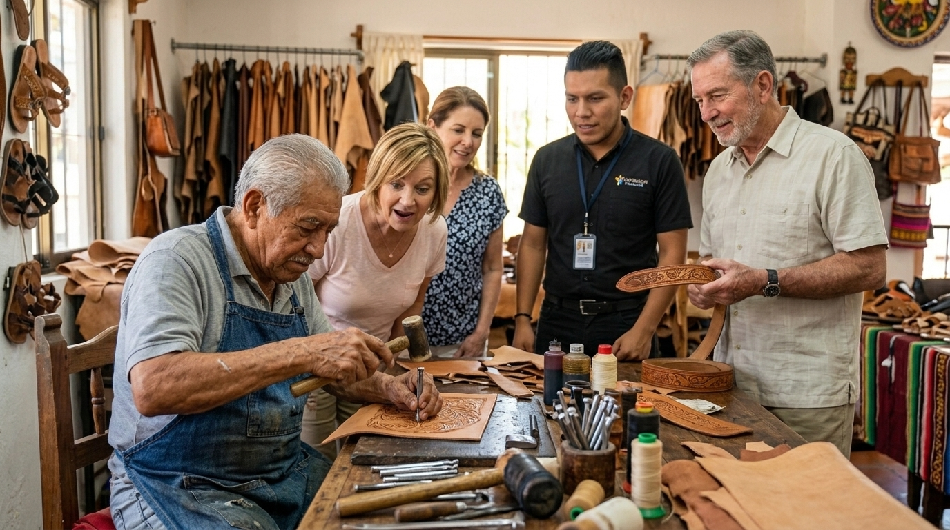 Artesano mostrando su trabajo de talabartería a un grupo de viajeros en Puerto Vallarta.